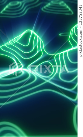 An abstract landscape with glowing green waves forming undulating curves. A futuristic and surreal digital terrain evoking AI, technology, or a topographic visualization 123752343