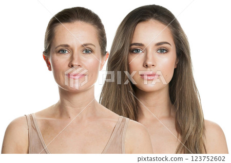 Cute women on white background. Young and mature adult female model. Facial treatment, cosmetology Cute women on white background. Young and mature adult female model. Facial treatment, cosmetology 123752602