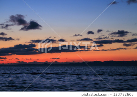 朝霞映照下的國後島(拍攝地點:羅臼海岸) 朝霞映照下的國後島(拍攝地點:羅臼海岸) 123752603
