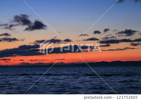 Kunashiri Island shining in the morning glow (taken from off the coast of Rausu) 123752605