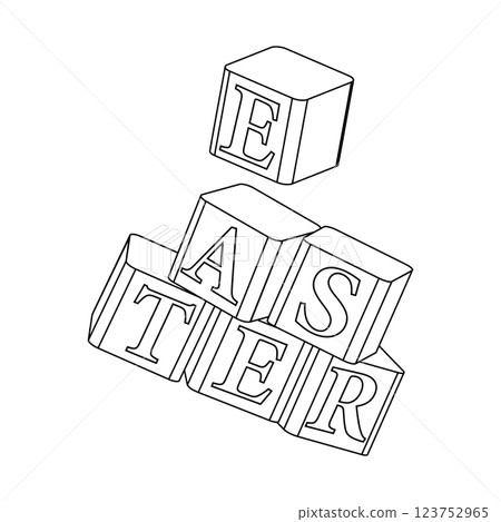 Black and white coloring page featuring stacked letter blocks spelling EASTER in a playful design. Kids toy cubes. 123752965
