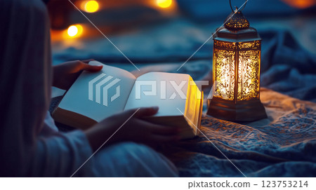 A person reading the Quran by soft lantern light, reflecting on faith and spirituality during the holy month of Ramadan. 123753214