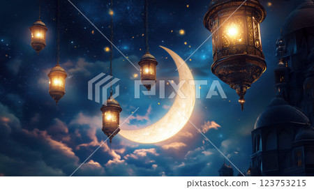A beautiful night sky with a glowing crescent moon and ornate lanterns hanging, symbolizing the beginning of Ramadan with a serene and spiritual atmosphere. 123753215