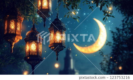 A beautiful night sky with a glowing crescent moon and ornate lanterns hanging, symbolizing the beginning of Ramadan with a serene and spiritual atmosphere. 123753216