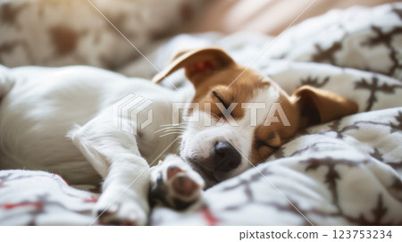 A puppy sleeping peacefully in a cozy bed, radiating warmth and comfort, capturing the serene and calm moments of pets at rest. A puppy sleeping peacefully in a cozy bed, radiating warmth and comfort, capturing the serene and calm moments of pets at rest. 123753234