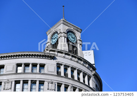 Tokyo cityscape in Japan: Towards a new era... Seiko House Ginza and other buildings stand out against the blue sky (7th) 123753405