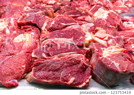 Fresh Cuts of Pork and Beef on Display 123753419