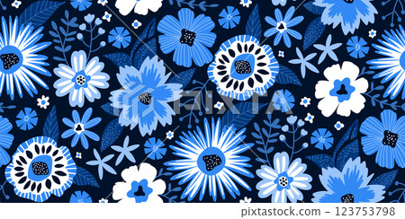 Seamless floral half drop pattern on a dark navy blue background featuring stylized flowers in shades of blue, white, and light blue. Ideal for textile design, wallpaper, or packaging. Seamless floral half drop pattern on a dark navy blue background featuring stylized flowers in shades of blue, white, and light blue. Ideal for textile design, wallpaper, or packaging. 123753798
