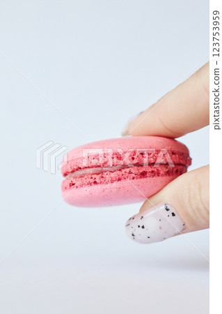 One pink French Macaron in a woman's hand on gray background, berry flavor cake One pink French Macaron in a woman's hand on gray background, berry flavor cake 123753959