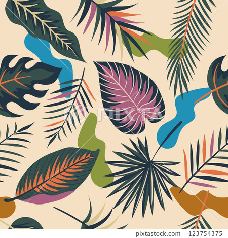 Modern exotic jungle pattern with tropical leaves. Collage contemporary seamless pattern. Hand drawn cartoon style pattern. 123754375