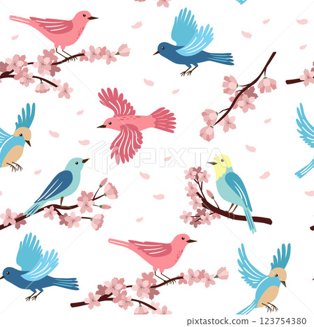 Spring birds and flowering branches. Colorful cute seamless pattern for printing on wallpaper, wrapping paper, textile on other surfaces. 123754380