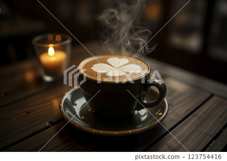 Steaming cappuccino with shamrock latte art on wooden table. AI generated 123754416