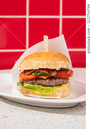 Closeup on american classic hamburger 123754764