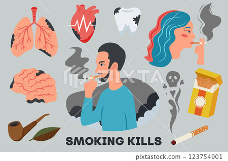 Dangers of smoking. A set of design elements for posters, infographics, banners on the topic of the dangers of smoking. Cigarette ban, harm to health. 123754901