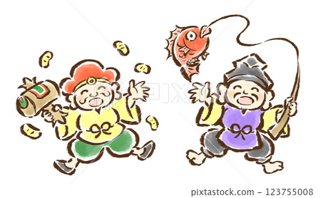 惠比壽和大黑天高興地跳起來-手繪插圖 123755008