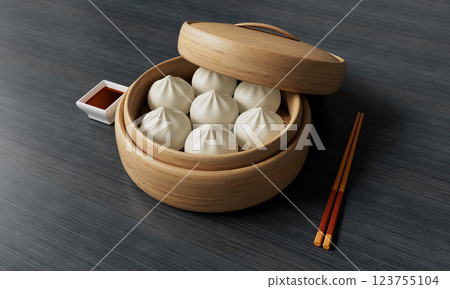 Korean Food Mandu Dumpling Plate with Wood Background. 3D Rendering Korean Food Mandu Dumpling Plate with Wood Background. 3D Rendering 123755104