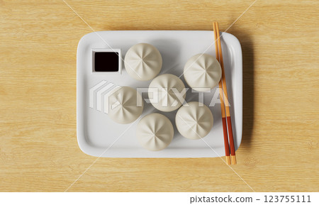 Korean Food Mandu Dumpling Plate with Wood Background. 3D Rendering 123755111