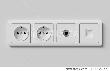 White Power Socket on White Wall. 3D Rendering 123755144