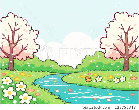 泉水和櫻花樹，插圖，材料，背景 123755318