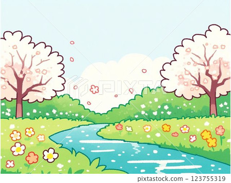 溪流，櫻花，春天，插圖，背景，素材 123755319