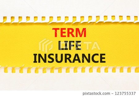 Term life insurance symbol. Concept words Term life insurance on beautiful yellow paper. Beautiful yellow white background. Business term life insurance concept. Copy space. 123755337