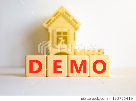 Demo symbol. Concept word Demo on beautiful wooden blocks. Beautiful white table white background. Wooden beautiful house. Business and demo concept. Copy space. Demo symbol. Concept word Demo on beautiful wooden blocks. Beautiful white table white background. Wooden beautiful house. Business and demo concept. Copy space. 123755419