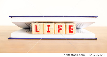 Life symbol. Concept word Life on beautiful wooden blocks in book. Beautiful wooden table white background. Business, lifestyle, support and life concept. Copy space. 123755420