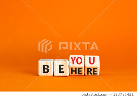 Belonging and belong symbol. Concept words Be here Belong on beautiful wooden block. Beautiful orange table orange background. Business motivational belonging and belong concept. Copy space. 123755421