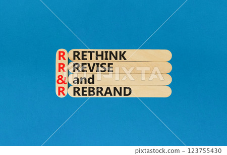 Rethink revise rebrand symbol. Concept word Rethink Revise and Rebrand on beautiful wooden sticks. Beautiful blue background. Business brand rethink revise rebrand concept. Copy space. 123755430