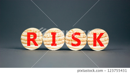 Risk symbol. Concept word Risk on beautiful wooden circles. Beautiful grey table grey background. Business, lifestyle, support and risk concept. Copy space. Risk symbol. Concept word Risk on beautiful wooden circles. Beautiful grey table grey background. Business, lifestyle, support and risk concept. Copy space. 123755431