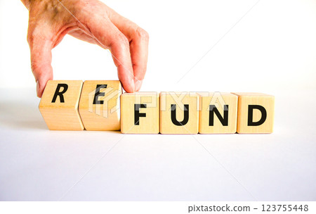 Fund or refund symbol. Concept words Fund Refund on wooden cubes. Beautiful white table white background. Businessman hand. Business and fund or refund concept. Copy space. Fund or refund symbol. Concept words Fund Refund on wooden cubes. Beautiful white table white background. Businessman hand. Business and fund or refund concept. Copy space. 123755448