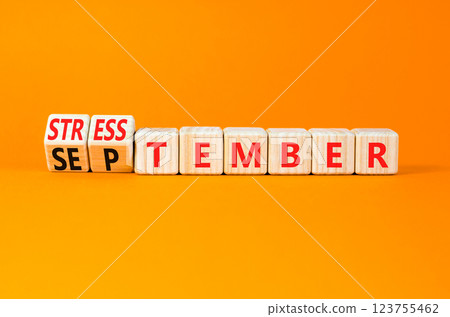 September is Stresstember symbol. Concept words September is Stresstember on beautiful wooden blocks. Beautiful orange table orange background. Business September is Stresstember concept. Copy space. September is Stresstember symbol. Concept words September is Stresstember on beautiful wooden blocks. Beautiful orange table orange background. Business September is Stresstember concept. Copy space. 123755462