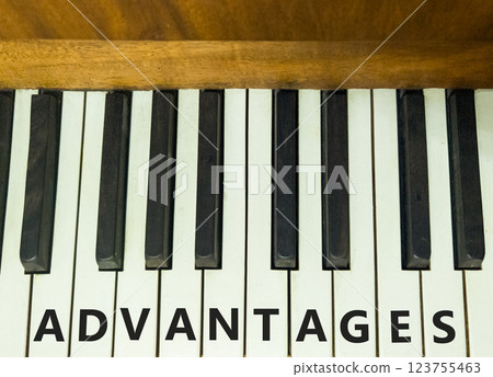Advantages symbol. Concept word Advantages on beautiful keys of the old retro piano. Beautiful piano-keys background. Black and white keys of the piano. Business advantages concept. Copy space. 123755463