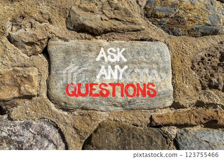 Ask any questions symbol. Concept words Ask any questions on beautiful grey stone on stone wall. Beautiful stone wall background. Business ask any questions concept. Copy space. Ask any questions symbol. Concept words Ask any questions on beautiful grey stone on stone wall. Beautiful stone wall background. Business ask any questions concept. Copy space. 123755466