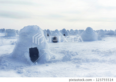 Igloo holiday. Eskimo dwelling made of ice and snow. Lots of igloo built. snow winter photo Igloo holiday. Eskimo dwelling made of ice and snow. Lots of igloo built. snow winter photo 123755514