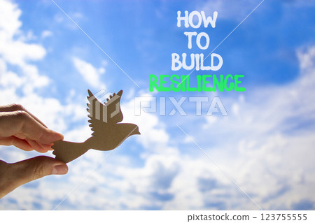 How to build resilience symbol. Concept words How to build resilience. Beautiful blue sky and clouds background. Businessman hand with wooden bird. Business how to build resilience concept. Copy space How to build resilience symbol. Concept words How to build resilience. Beautiful blue sky and clouds background. Businessman hand with wooden bird. Business how to build resilience concept. Copy space 123755555