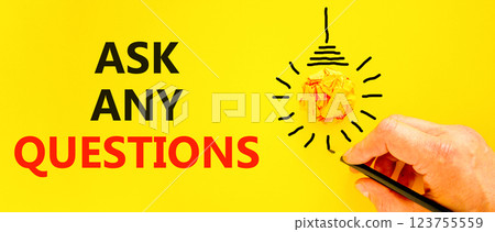Ask any questions symbol. Concept words Ask any questions on beautiful yellow paper. Beautiful yellow background. Businessman hand. Light bulb icon. Business ask any questions concept. Copy space. Ask any questions symbol. Concept words Ask any questions on beautiful yellow paper. Beautiful yellow background. Businessman hand. Light bulb icon. Business ask any questions concept. Copy space. 123755559