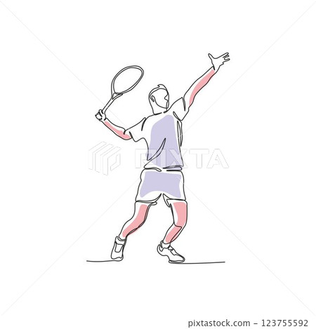 Line Drawing Continuous Single Line Drawing Tennis Service, sports male player symbol 123755592