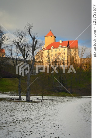 Beautiful Gothic castle Veveri. The city of Brno at the Brno dam. South Moravia - Czech Republic - Central Europe. 123755677