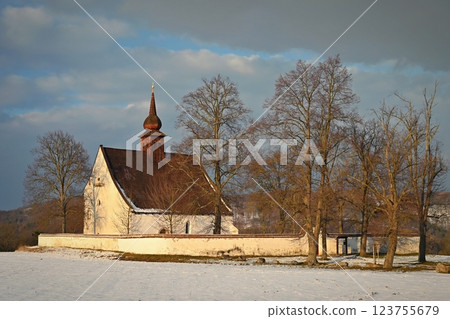 Winter landscape with a beautiful chapel near castle Veveri. Czech Republic city of Brno. The Chapel of the Mother of God. 123755679