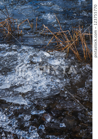 Ice flakes sparkling on the lakeshore [Lake Suwa] 123755770