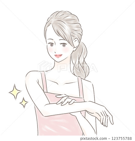 A woman in a camisole with a ponytail is happy to touch her smooth arms. A woman in a camisole with a ponytail is happy to touch her smooth arms. 123755788