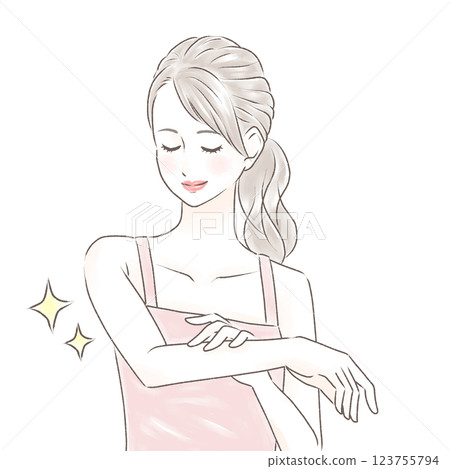 一位身穿背心、綁著馬尾的女士撫摸著自己光滑的手臂，閉上眼睛微笑 123755794