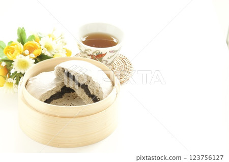 Black sesame buns in a steamer 123756127
