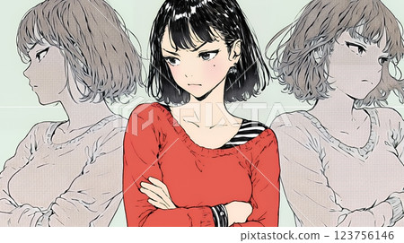 Frowning woman: A woman standing anxiously with her arms crossed 123756146