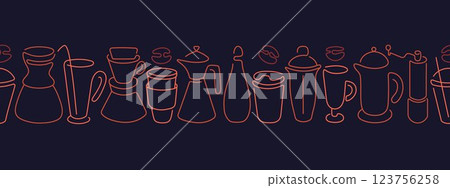Coffee, tea, cocktail line pattern. Sketch cup Bar 123756258