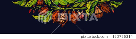 Cocoa tree banner, print Bean, leaves, choco fruit Cocoa tree banner, print Bean, leaves, choco fruit 123756314