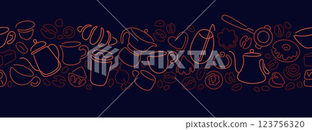 Bakery and dessert pattern. Line coffee, tea, cake Bakery and dessert pattern. Line coffee, tea, cake 123756320