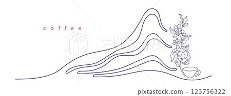 Coffee plant and mountain line sketch Graphic bean 123756322