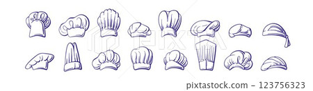 Chef hats line sketch set Clothes for cook, pastry Chef hats line sketch set Clothes for cook, pastry 123756323